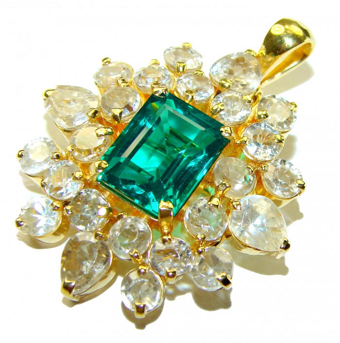 Vintage style Beauty 14.5 carat Emerald 14K Gold over .925 Sterling Silver handmade Pendant - Brooch - photo 3
