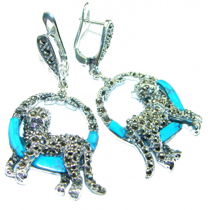 Cheetah Turquoise Ruby Marcasite .925 Sterling Silver Handcrafted earrings - photo 2