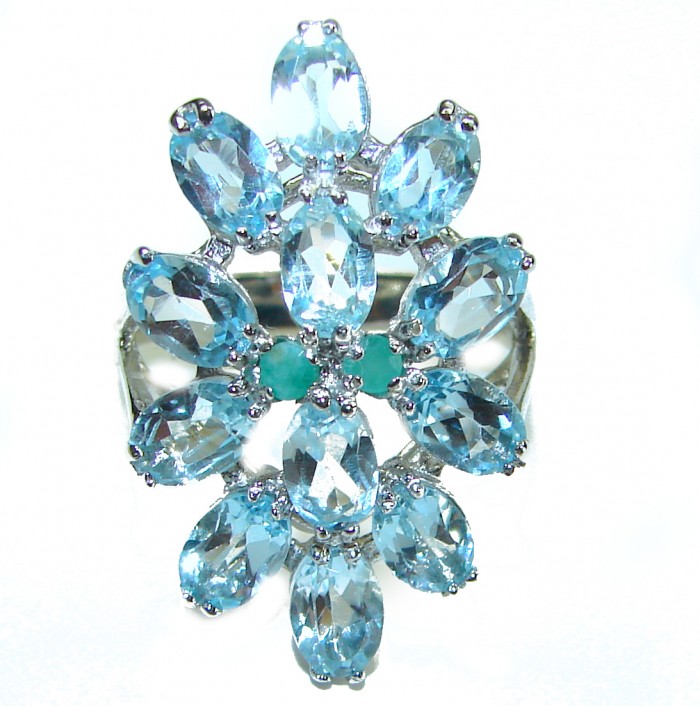 Eau Pure 12.5 carat AQUAMARINE .925 Sterling Silver Handcrafted Ring size 8 - Aquamarine ring close-up, featuring 12.5 carat stones in sterling silver.