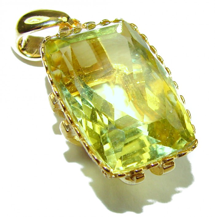 Baquette cut 10.3 carat Lemon Quartz 18K Gold over .925 Sterling Silver handcrafted pendant - Close-up of baguette cut lemon quartz pendant in 18K gold over silver.