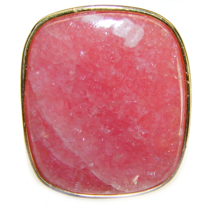 Strawberry Fields - 28.8 CARAT Argentinian Rhodochrosite 18K Gold over .925 Sterling Silver handmade ring size 6 1/2 - Stone close-up of Strawberry Fields Argentinian Rhodochrosite jewelry.