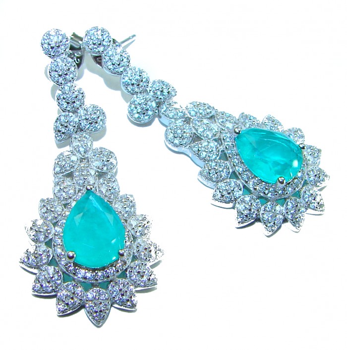 Royalty 8.2 carat Emerald .925 Sterling Silver Statement earrings - Close-up of Royalty 8.2 carat emerald sterling silver earrings
