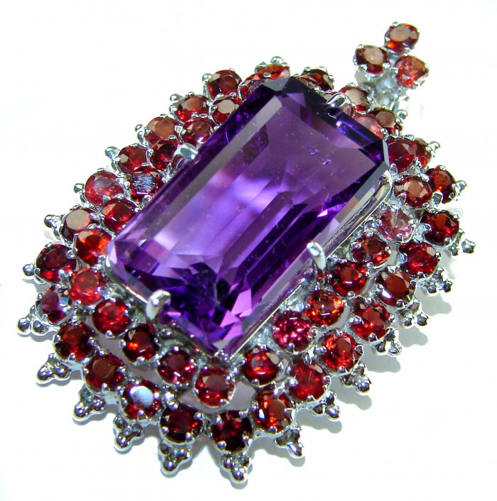 Mademoiselle - Vintage Design 32.4 CARAT authentic Amethyst .925 Sterling Silver handcrafted Pendant - Amethyst and red gemstone jewelry close-up, Mademoiselle Vintage Design