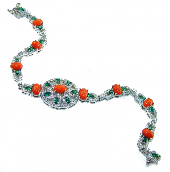 Serenity 42.5 carat genuine Coral Emerald .925 Sterling Silver handmade Statement Bracelet - Serenity coral emerald bracelet, top view, 42.5 carat, sterling silver.