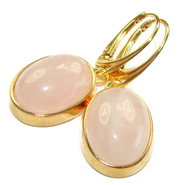 Authentic 10.2 carat Rose Quartz 14K Gold over .925 Silver handcrafted Statement earrings - Rose Quartz earrings in gold setting, close-up view.