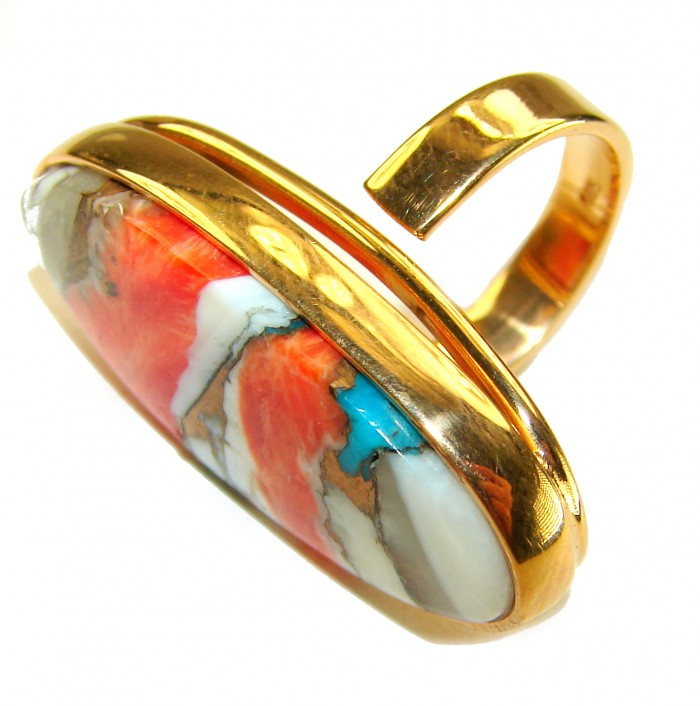 Rare 29.5 carat Oyster Turquoise 18K Gold over .925 Sterling Silver handcrafted Large ring; s. 6 adjustable - Side view of rare oyster turquoise ring in 18K gold over sterling silver