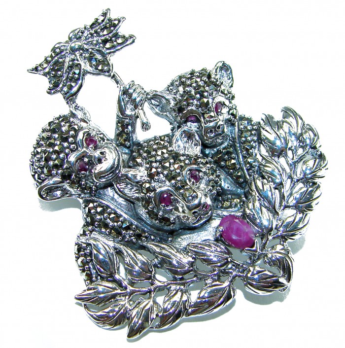 Three Happy Monkeys - Spectacular - Ruby Marcasite .925 Sterling Silver handmade Brooch - Close-up of Three Happy Monkeys brooch with ruby and marcasite details.