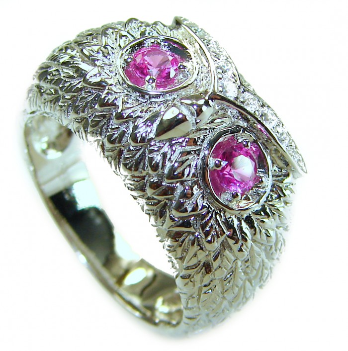 Owl 2.1 carat Pink Tourmaline Eyes .925 Sterling Silver dipped in real Gold handmade Ring size 8 - Side view of owl ring with pink tourmaline eyes in sterling silver.