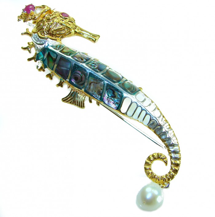 Precious SeaHorse Natural Rainbow Abalone Ruby 14K Gold over .925 Sterling Silver handmade Pendant Brooch - Side view of a seahorse brooch with abalone, ruby, and pearl details.