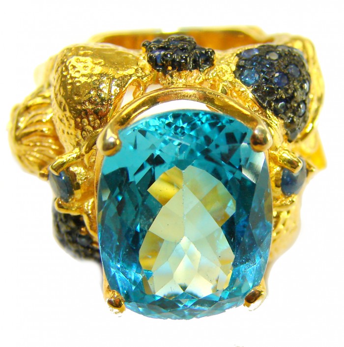 Poseidon 24.8 carat Swiss Blue Topaz 0.7 carat Black Diamond .925 Sterling Silver dipped in 22K Gold handcrafted Large ring size 7 - Close-up of Poseidon ring with Swiss Blue Topaz and Black Diamonds.