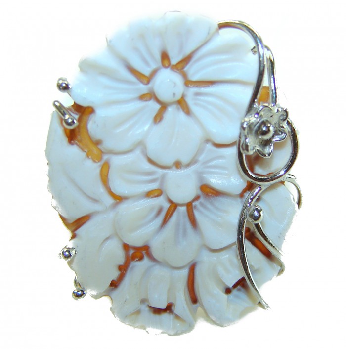 Exquisite Flowers oval Cameo Shell 18K Gold over .925 Sterling Silver handcrafted Made in Italy Statement ring; s. 7 ADJUSTABLE - Front view of floral cameo shell pendant with gold and silver accents.