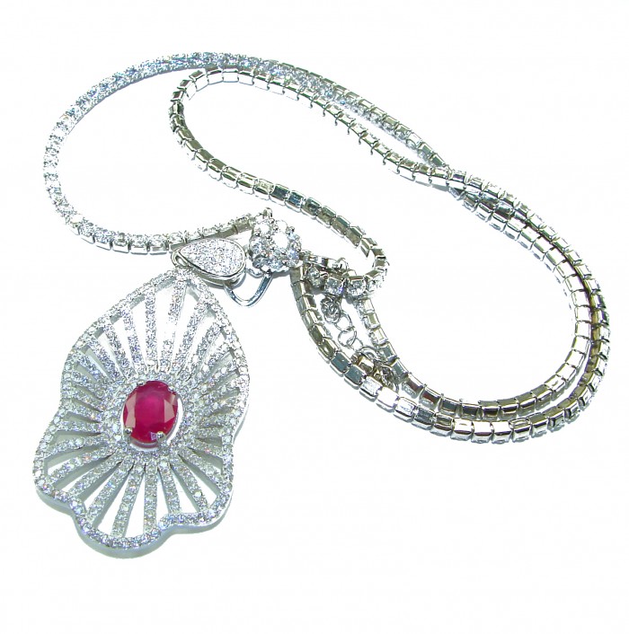 Magic bEAUTY 7.5 carat Ruby .925 Sterling Silver .925 Sterling Silver Statement Necklace - Necklace with 7.5 carat ruby and sterling silver, angled side view