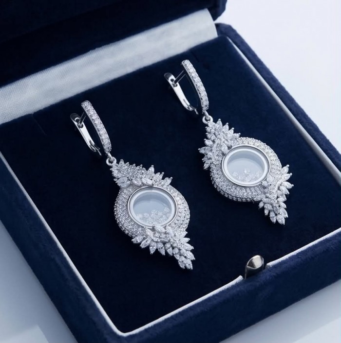 Floating Memories 11.5 carat White Topaz .925 Sterling Silver Handcrafted Statement earrings - Elegant earrings in box, angled view with intricate detail highlighted.