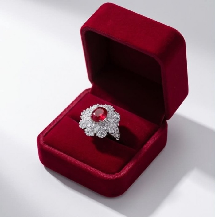 Stella - 4.2 carat Kashmir Ruby .925 Sterling Silver dipped in Rhodium handcrafted incredible ring s. 8 - Kashmir ruby ring in red box, top view, .925 sterling silver detailing.