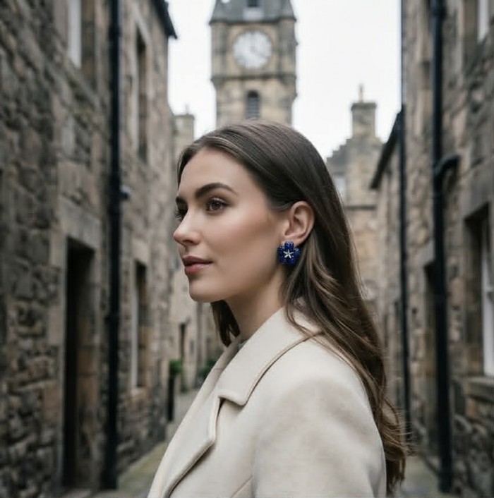 Born to Glam floral-inspired authentic 25.5 carat Sapphire .925 Sterling Silver handcrafted earrings - Side view of floral sapphire earrings worn, clock tower in background.