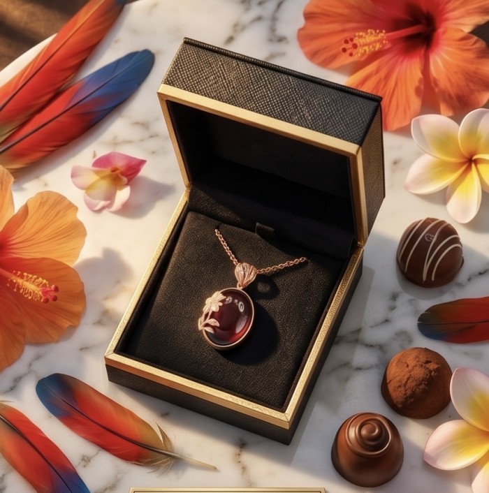 Marvelous Natural 14.8 carat Mozambique Garnet 18K Rose Gold over .925 Sterling Silver Handcrafted pendant - Garnet pendant in box, surrounded by flowers and chocolates, top view