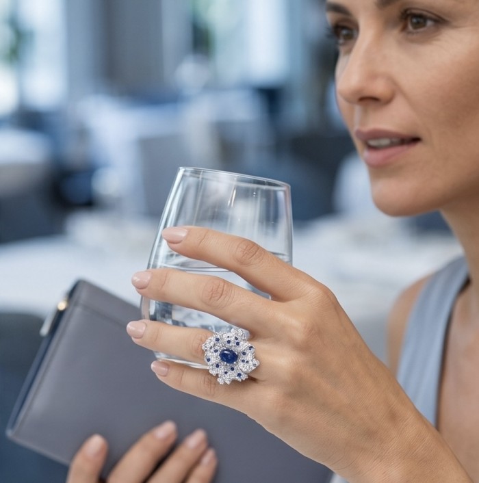 Blue Flower 12.2 carat natural Sapphire .925 Sterling Silver Perfectly handcrafted Ring s. 7 1/4 - Ring worn on hand, close-up of blue sapphire and silver flower design.