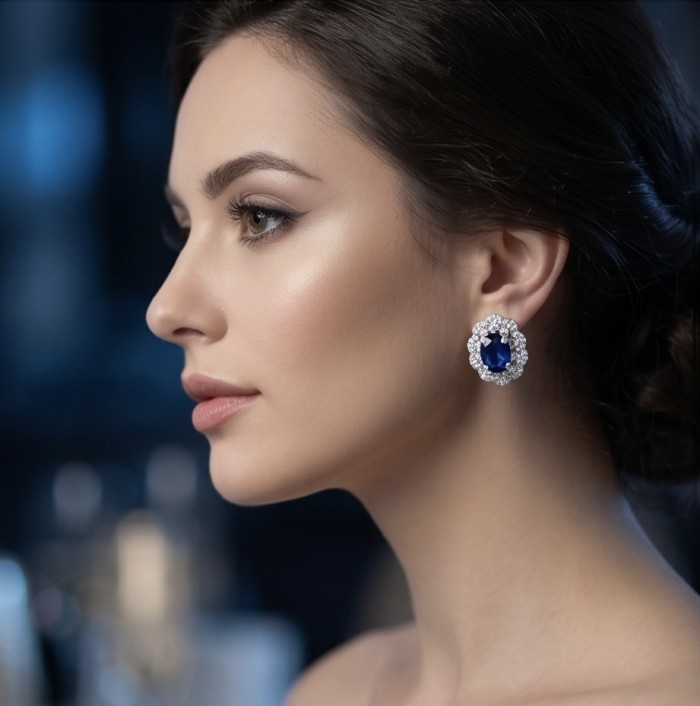 Giovanna - Authentic oval cut 4.8 carat Tanzanite .925 Sterling Silver handcrafted earrings - Side view: woman wearing oval cut 4.8 carat Tanzanite earring