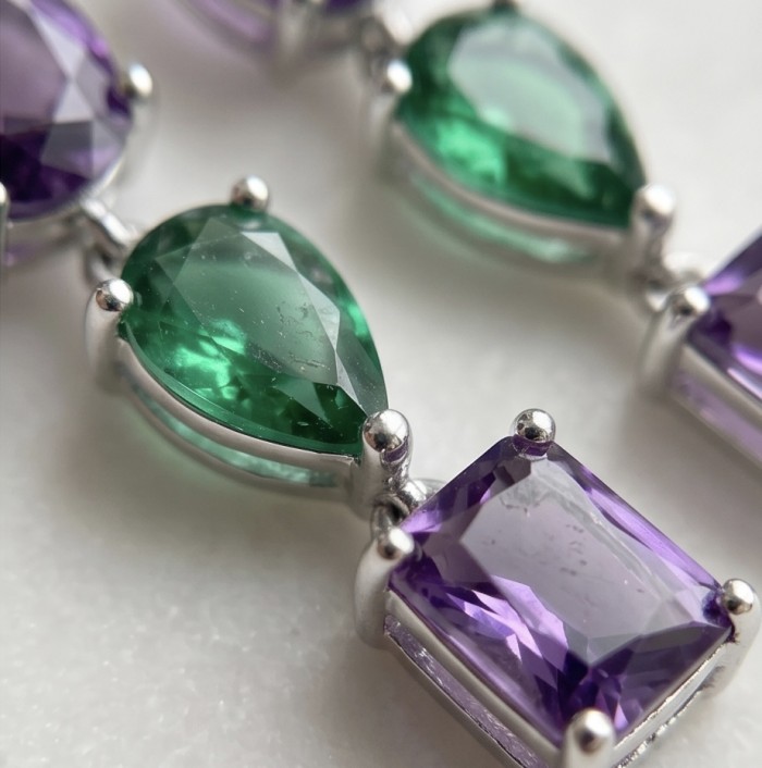 A Heritage in Bloom - Italy made 8.5 carat Amethyst Chrome Diopside .925 Sterling Silver handcrafted earrings - Stone close-up of Amethyst and Chrome Diopside jewelry.