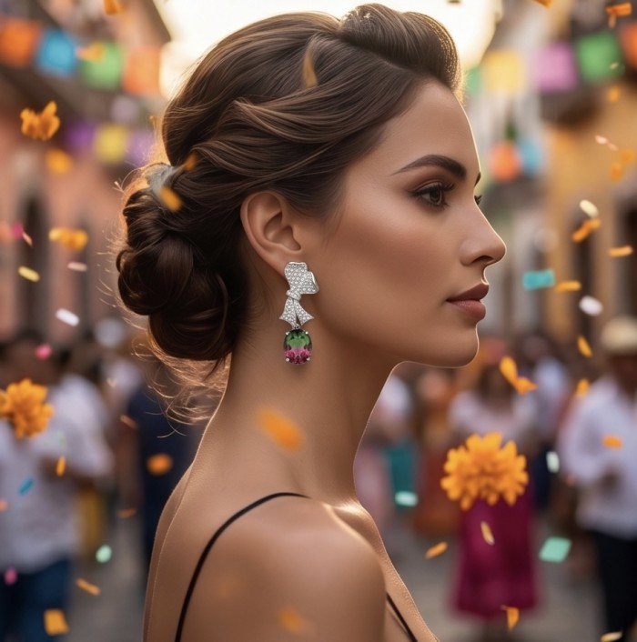 Luxurious 4.9 carat Brazilian Watermelon Tourmaline .925 Sterling Silver Handcrafted Earrings - Side view of luxurious watermelon tourmaline earrings on model