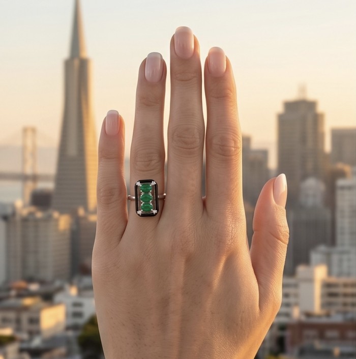Art Deco 8.2 carat Colombian Emerald black enamel .925 Sterling Silver handcrafted Ring size 8 - Art Deco emerald ring worn on hand, cityscape background
