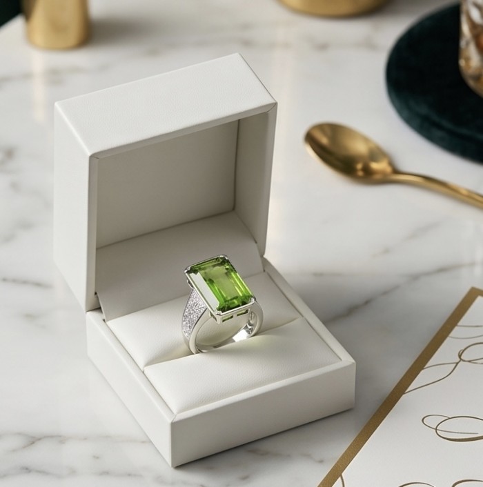 RARE FINDING! Authentic baquette cut 17.9 carat volcanic Green Helenite .925 Sterling Silver ring s. 7 - Ring with green baguette-cut stone in open box on marble surface
