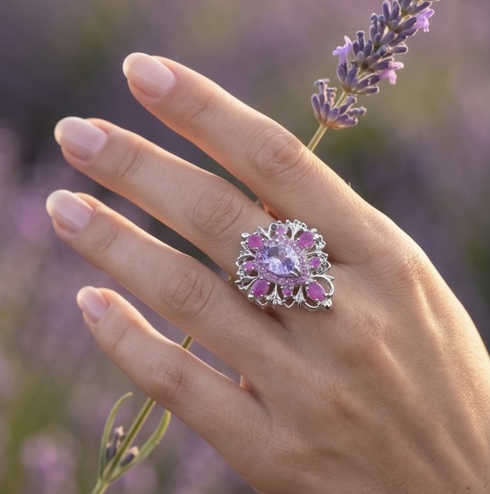 Francesca Genuine 18.7 carat Amethyst Kashmir Ruby rhodium over .925 Sterling Silver handcrafted Statement Ring size 7 - Amethyst Kashmir Ruby ring worn on hand with lavender background.