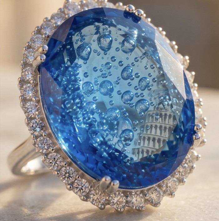 Angelina 14.9 carat authentic Swiss Blue Topaz .925 Sterling Silver Handcrafted Ring size 8 - Close-up of Swiss Blue Topaz ring with diamond halo and Pisa reflection