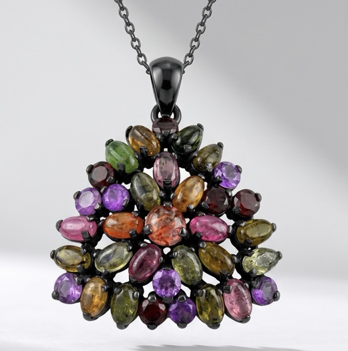 Giovanna 17.5 carat Brazilian Watermalon Tourmaline black rhodium over .925 Sterling Silver handmade Pendant - Pendant close-up with colorful gemstones on a black chain