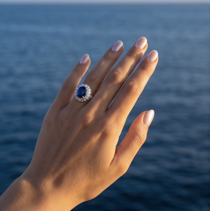 Precious Design oval cut 20.9 CARAT Tanzanite 18.4 carat Moissanite .925 Sterling Silver Statement Ring s. 9 - Tanzanite ring with diamonds worn on hand, ocean backdrop