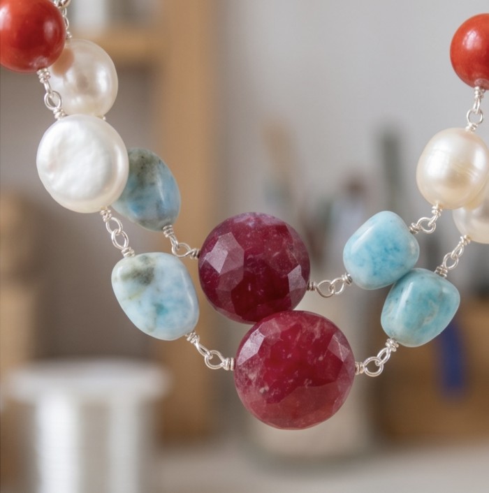 Sublime 32 inches long Red Fossilized Coral handmade Necklace - Close-up of red fossilized coral necklace with pearls and blue stones