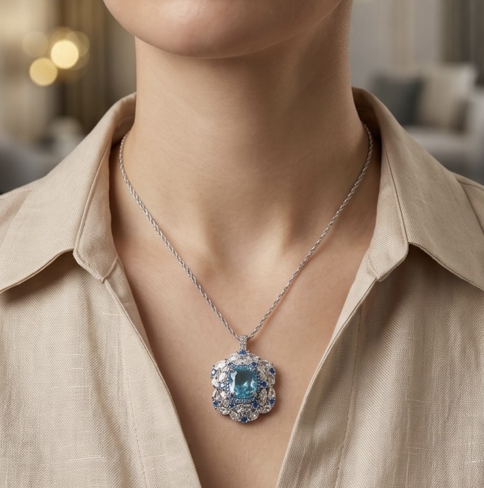 Mademoiselle - 21.5 carat natural Swiss Blue Topaz .925 Sterling Silver dipped in Rhodium handcrafted Necklace - Necklace with blue topaz pendant worn on neck, front view