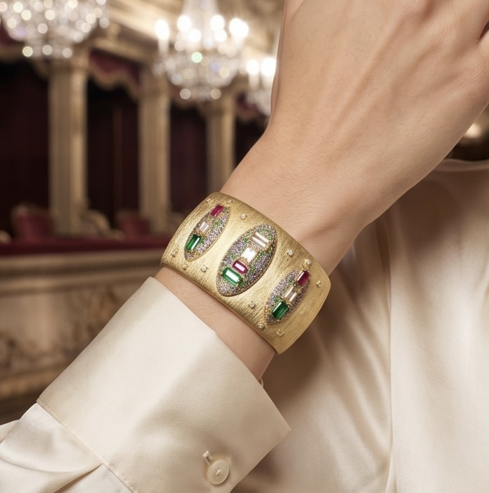 Byzantine design Authentic Topaz 18K Gold over .925 Sterling Silver handcrafted Bracelet / Cuff - Gold bracelet with topaz on wrist, showcasing Byzantine design.