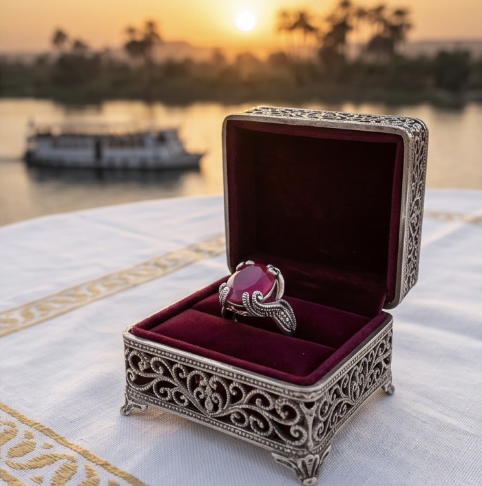 Born to Glam authentic 11.2 carat Ruby rhodium over .925 Silver handcrafted Ring s. 7 - Ruby ring in ornate box, sunset river view in background