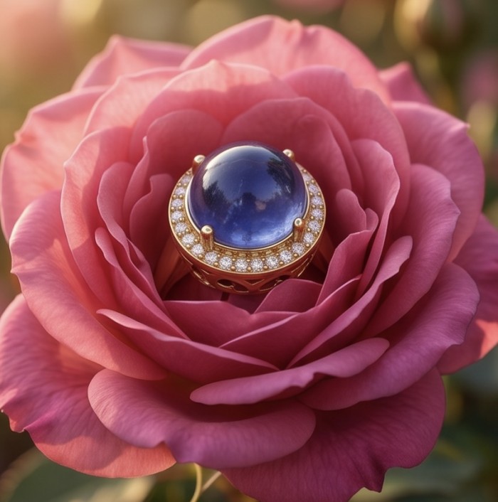 Precious Design round cut 9.9 CARAT Tanzanite 22K Gold over .925 Sterling Silver Statement Ring s. 6 1/4 - Close-up of Tanzanite gold ring nestled in a pink rose.