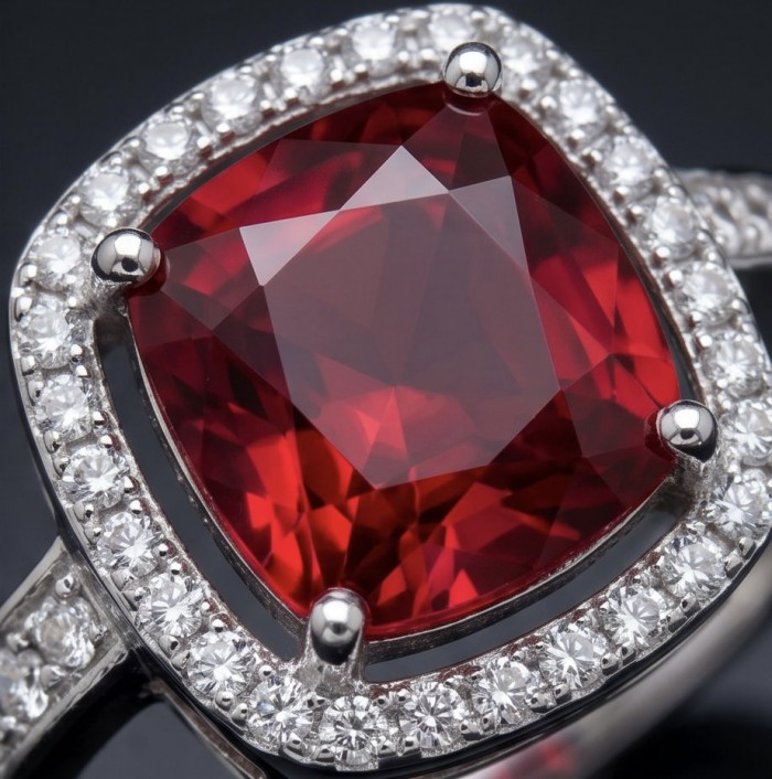 Scarlett princess cut 4.7 ctw Ruby .925 Sterling Silver handcrafted Statement Ring size 6 - Close-up of Scarlett princess cut ruby ring in sterling silver halo setting