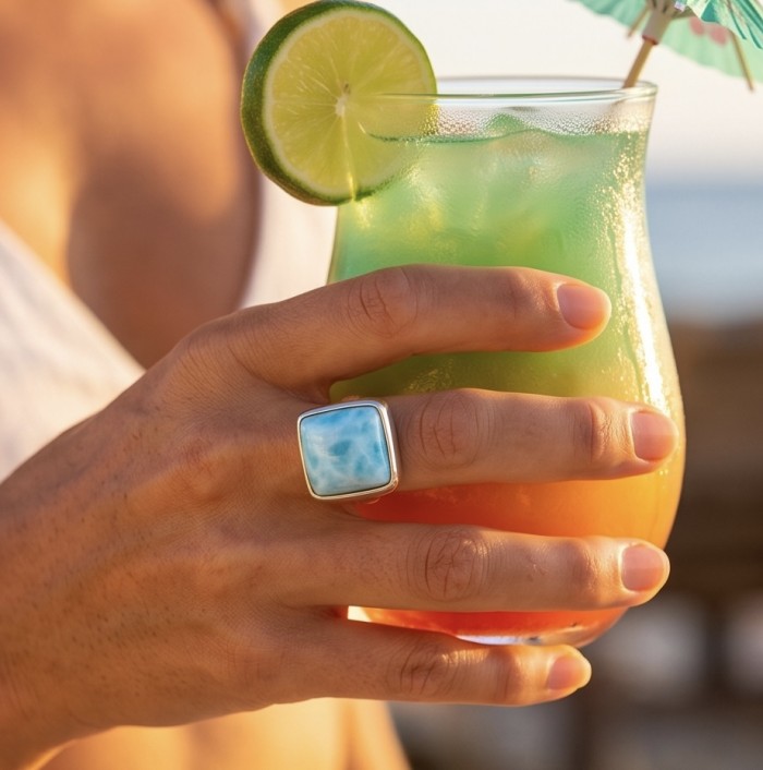 20.8 carat Blue Perfection natural Larimar .925 Sterling Silver handmade ring size 8 adjustable - Larimar ring worn on hand holding a colorful cocktail with lime.