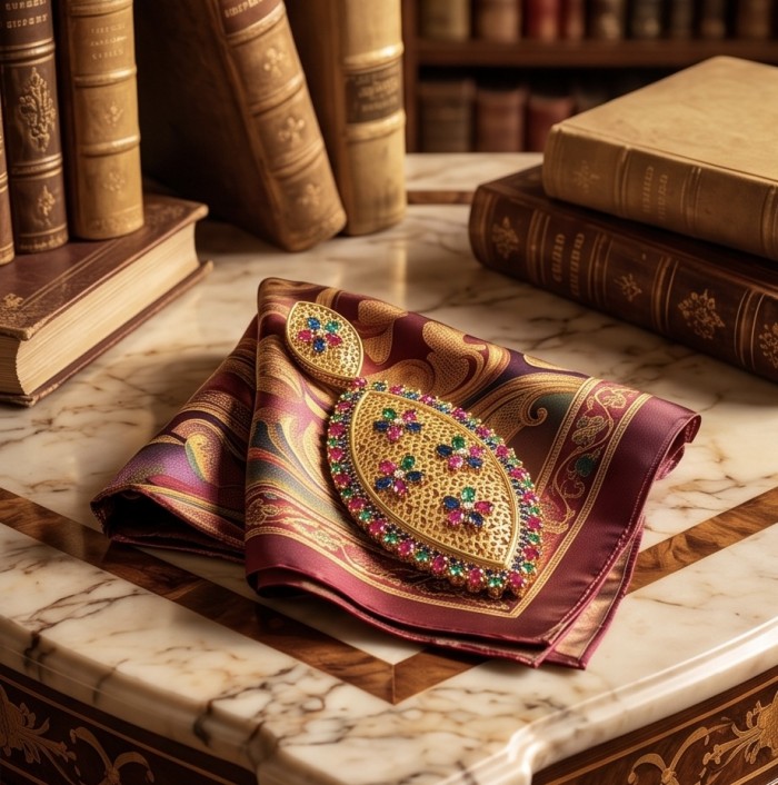 Byzantine Style Ruby Emerald Sapphire 14K Gold over .925 Sterling Silver handcrafted pendant - Jewelry on silk fabric with ornate designs, top view on marble table