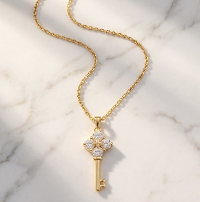 Magic Key - 3.8 carat White Topaz 14K Gold over .925 Sterling Silver handcrafted necklace - Top view of Magic Key necklace with white topaz and gold chain.
