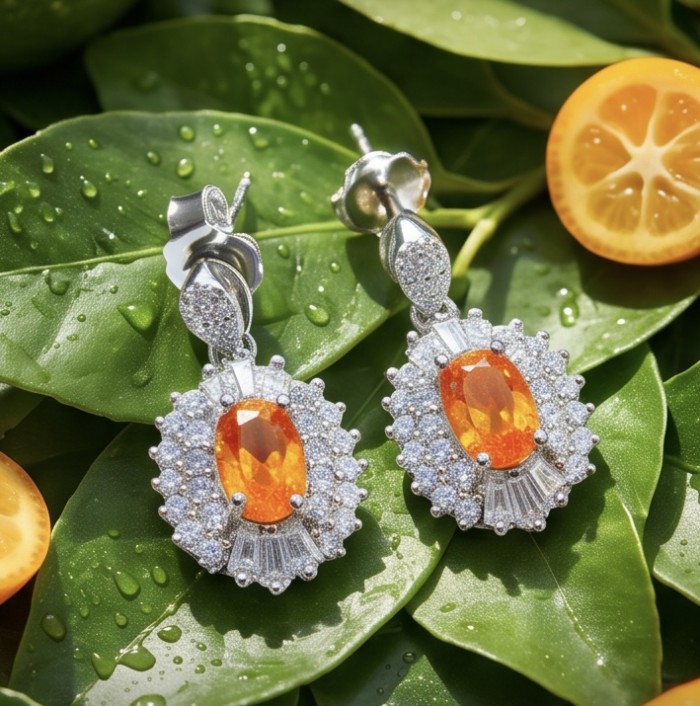 Valentina 2.5 carat Padparadscha Orange Sapphire .925 Sterling Silver handcrafted earrings - Close-up of Valentina orange sapphire earrings on green leaves.