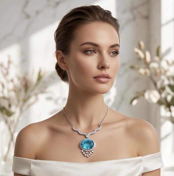 A Wild Ocean genuine 27.4 carat Paraiba Tourmaline .925 Sterling Silver handmade Statement necklace - Woman wearing 27.4 carat Paraiba Tourmaline necklace, side view.