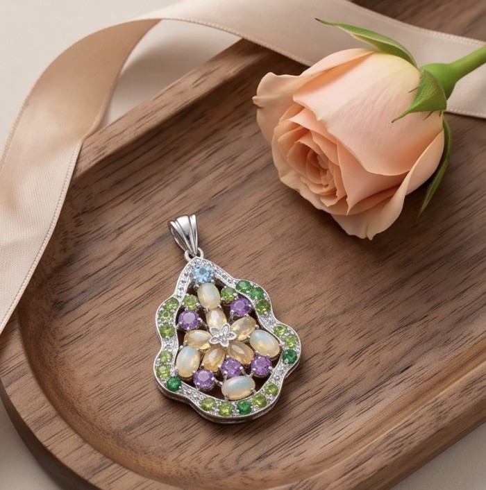 Giovanna - Authentic 18.9 carat Brazilian Citrine .925 Sterling Silver dipped in rhodium handcrafted Statement pendant - Pendant with colorful stones on wood, rose, and ribbon background