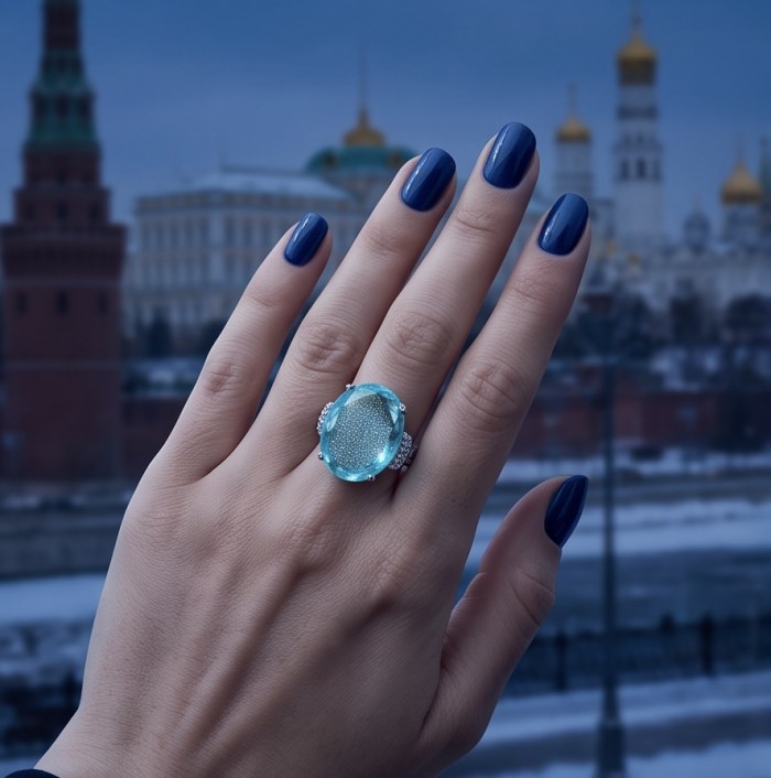 Angelina 14.9 carat authentic Aquamarine .925 Sterling Silver Handcrafted Ring size 8 - Aquamarine ring worn on hand with cityscape background