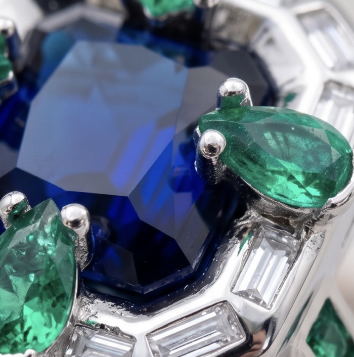 Art Deco 8.6 ctw Sapphire Emerald .925 Sterling Silver handcrafted Statement Ring size 8 - Close-up of sapphire and emerald Art Deco ring in sterling silver.