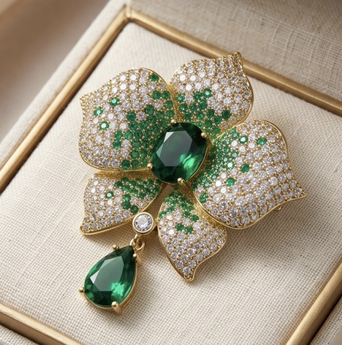 Heirloom Genuine 18.5 carat Colombian Emerald .925 Sterling Silver handmade Brooch - Emerald brooch, top view, intricate gold and diamond detailing.