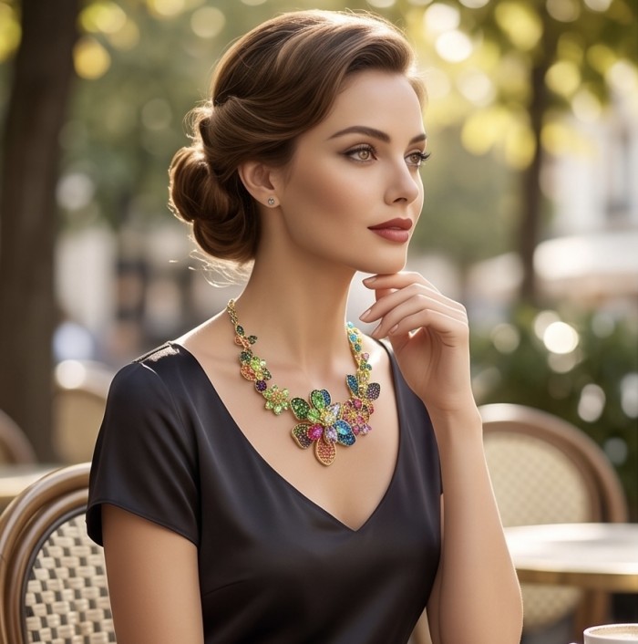 Blooming Garden 145.2 carat Natural multicolot Topaz 14k Gold over .925 Sterling Silver handcrafted Statement necklace - Woman wearing Blooming Garden multicolor topaz necklace in side view.