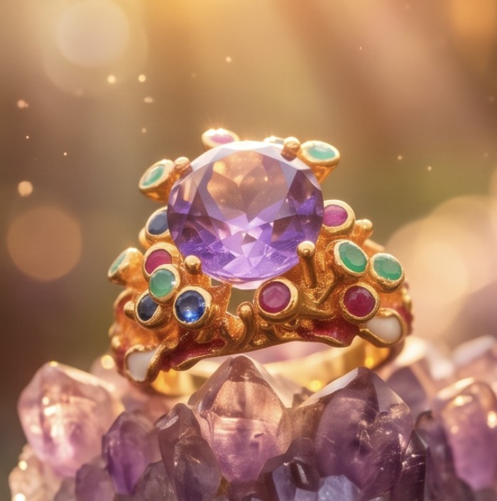 Melissa 17.5 carat Pink Amethyst Enamel 22K Gold over .925 Silver handcrafted Cocktail Ring s. 6 3/4 - Close-up of ornate ring with pink amethyst and colorful enamel details.