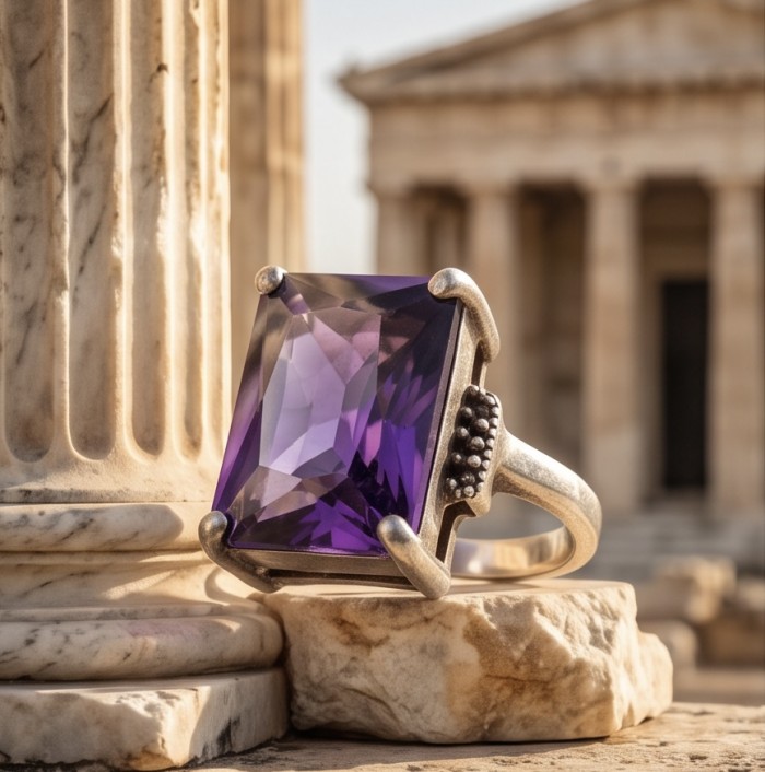 Purple Symphony 15.5 carat natural Amethyst rhodium over .925 Sterling Silver Handcrafted Ring size 8 - Close-up of Purple Symphony amethyst ring against ancient column backdrop.