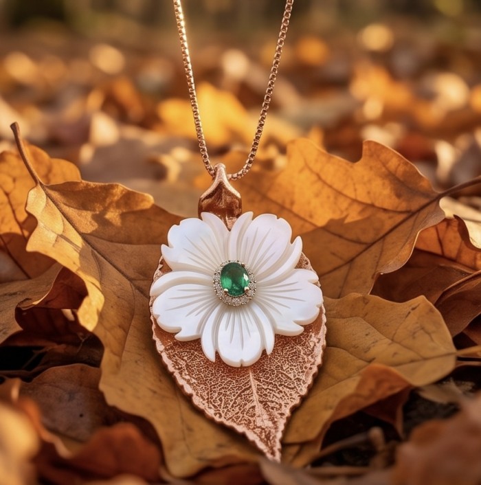 English Oak Leaf - Real Leaf dipped in copper and .925 Sterling Silver handmade handcrafted Necklace - Pendant on autumn leaves, flower with green gem, front view.