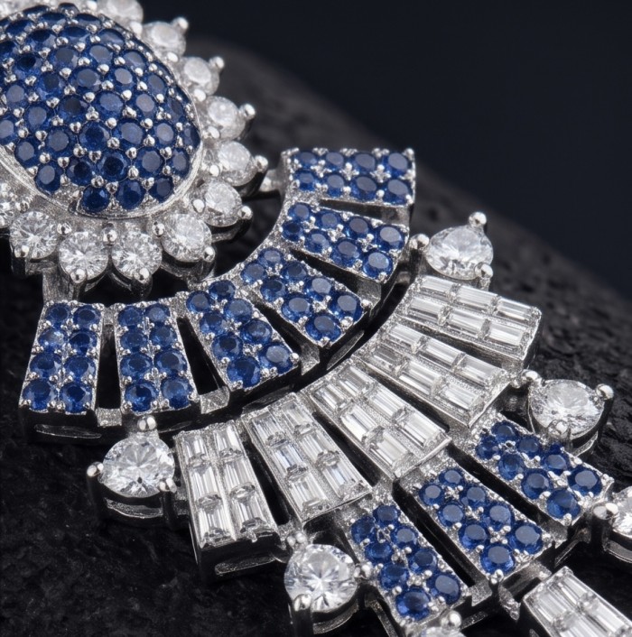 Art Deco - Authentic 4.5 carat Sapphire rhodium over .925 Sterling Silver handcrafted earrings - Close-up of Art Deco rhodium earrings with sapphires and diamonds.